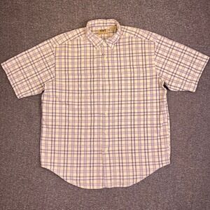 VTG Northwest Territory Shirt Mens L Plaid Button Up Short Sleeve‎ Linen Western